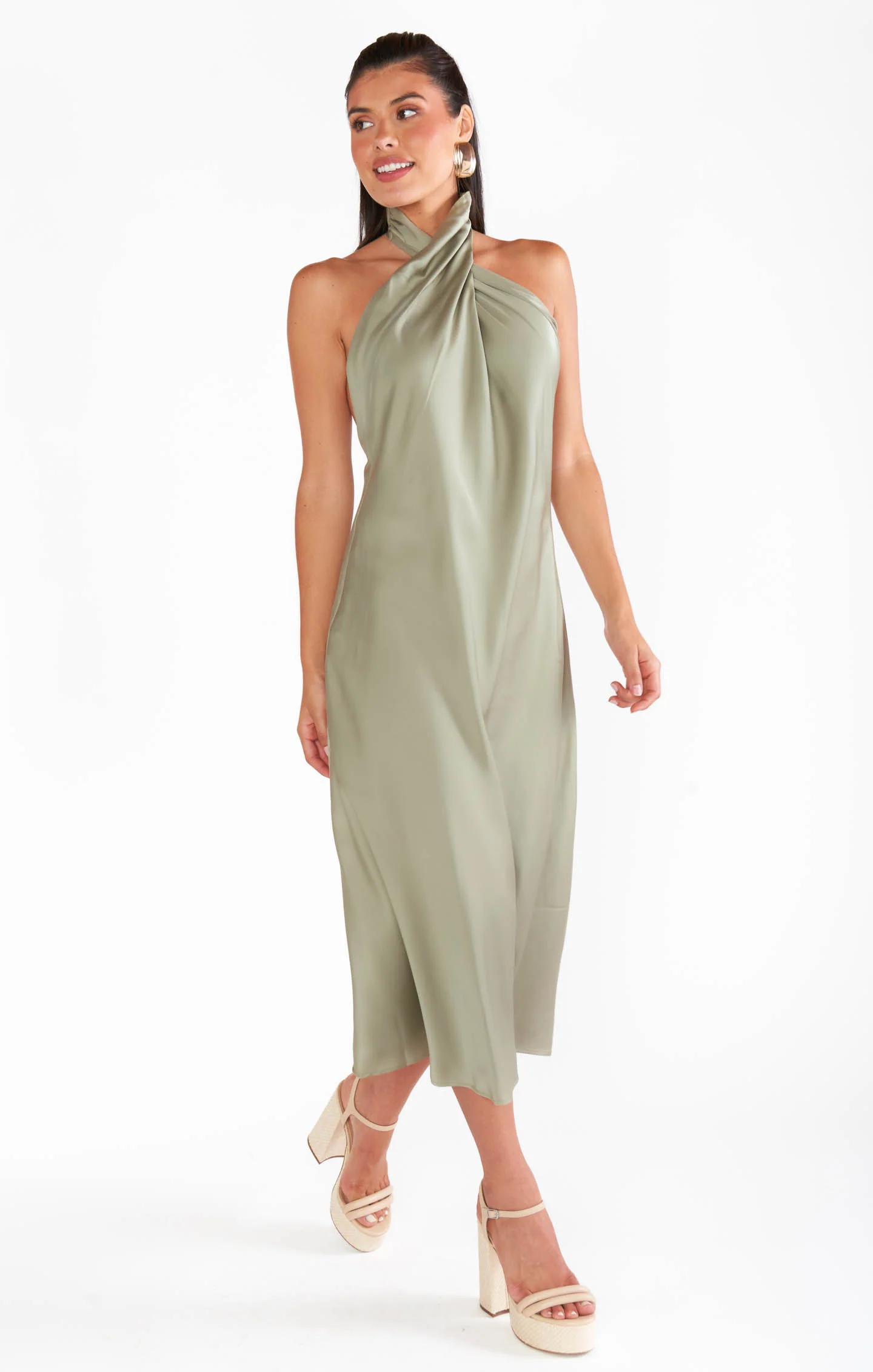 Jasmine Halter Midi Dress ~ Moss Green Luxe Satin - Image 3